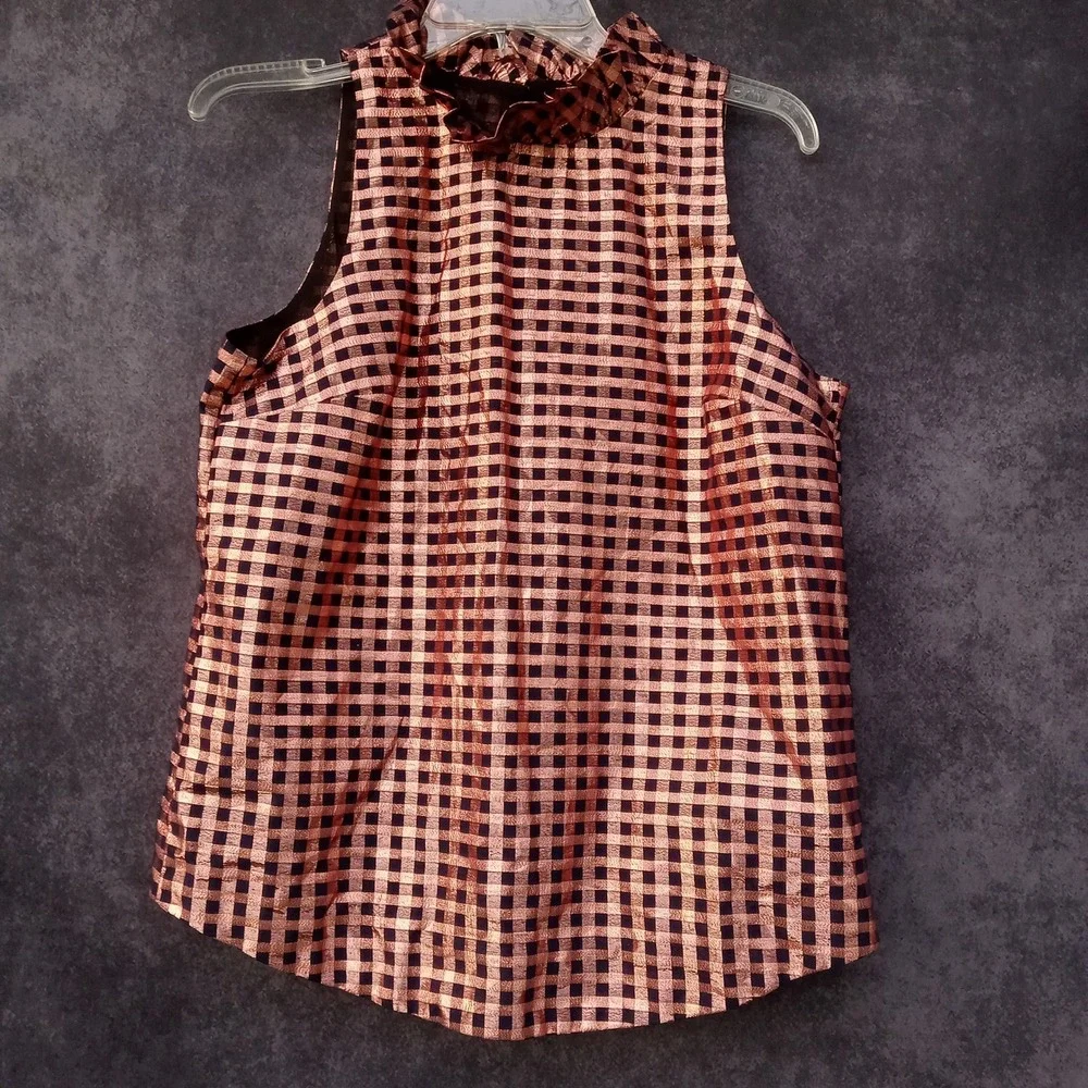 J. Crew NEW Gingham Ruffle Mock‎ Neck Sleeveless Top XS Holiday Cocktail Party